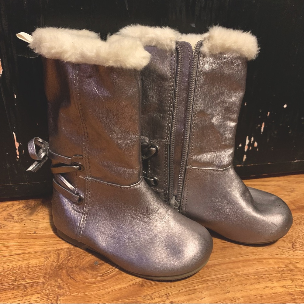 GAP Mauve Metallic Shiny Boots for Girls with Faux Fur Trim and Lace Up Heel